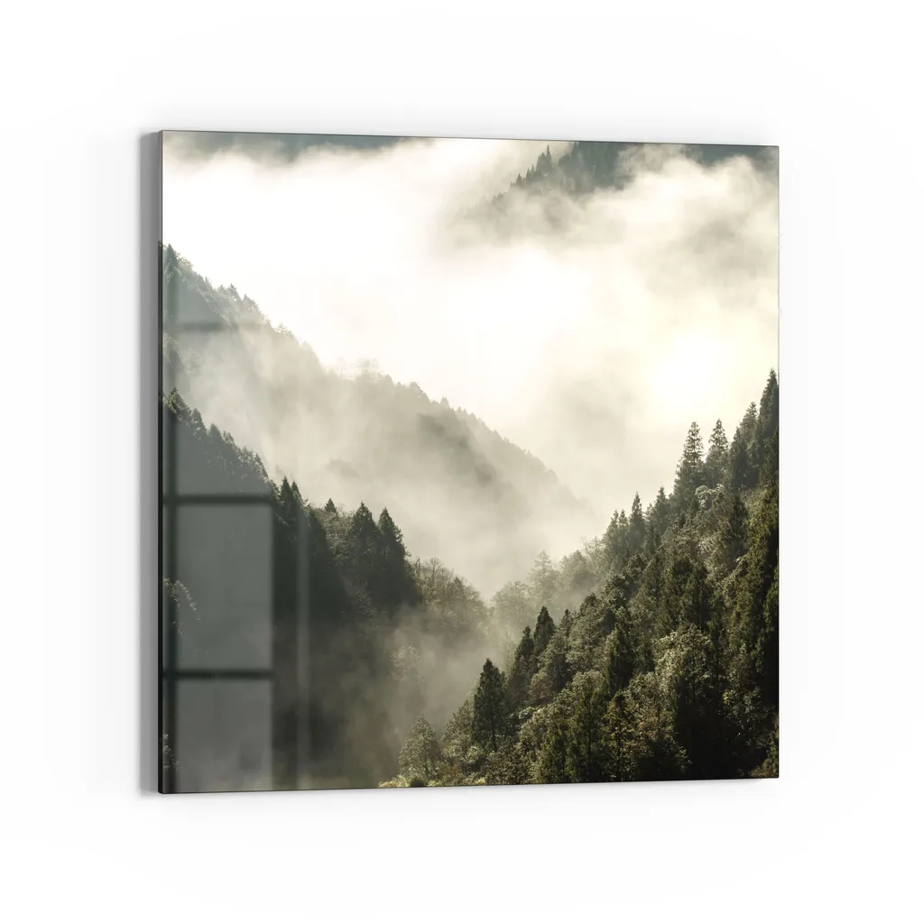 DEQORI Magnettafel Glas 30x30 cm 'Nebel in den Bergen' beschreibbar Whiteboard